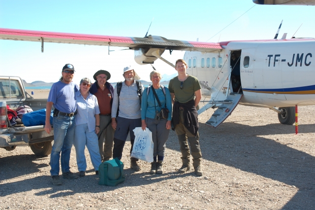 Friends meet at Mestersvig: Peter, Kate Lea, Mike Lea, Iain Roy, Fiona Roy and Niels (Peters's son). July 2007
